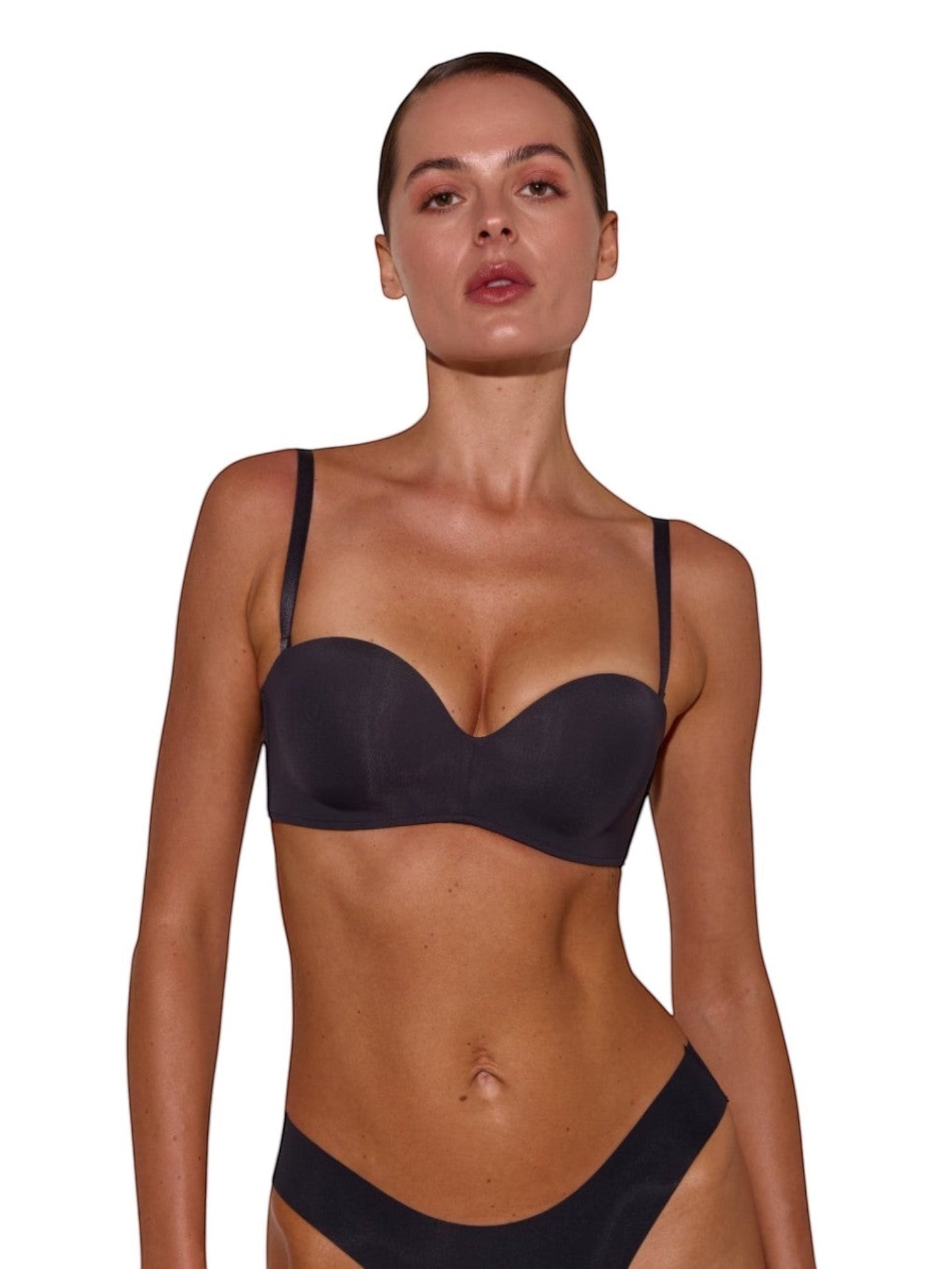 LIA STUDIO LINGERIE Magnolia black balconette bra in matte microfiber with double push-up and strapless design.
