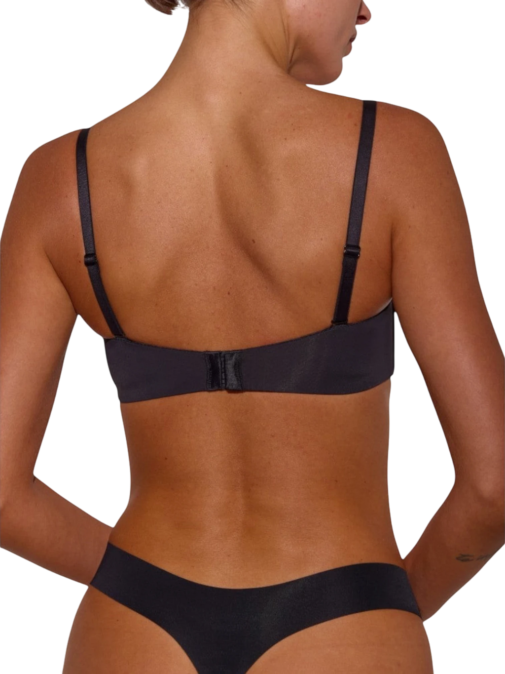 LIA STUDIO LINGERIE Magnolia black balconette bra with adjustable straps and hook closure, back view on a model.