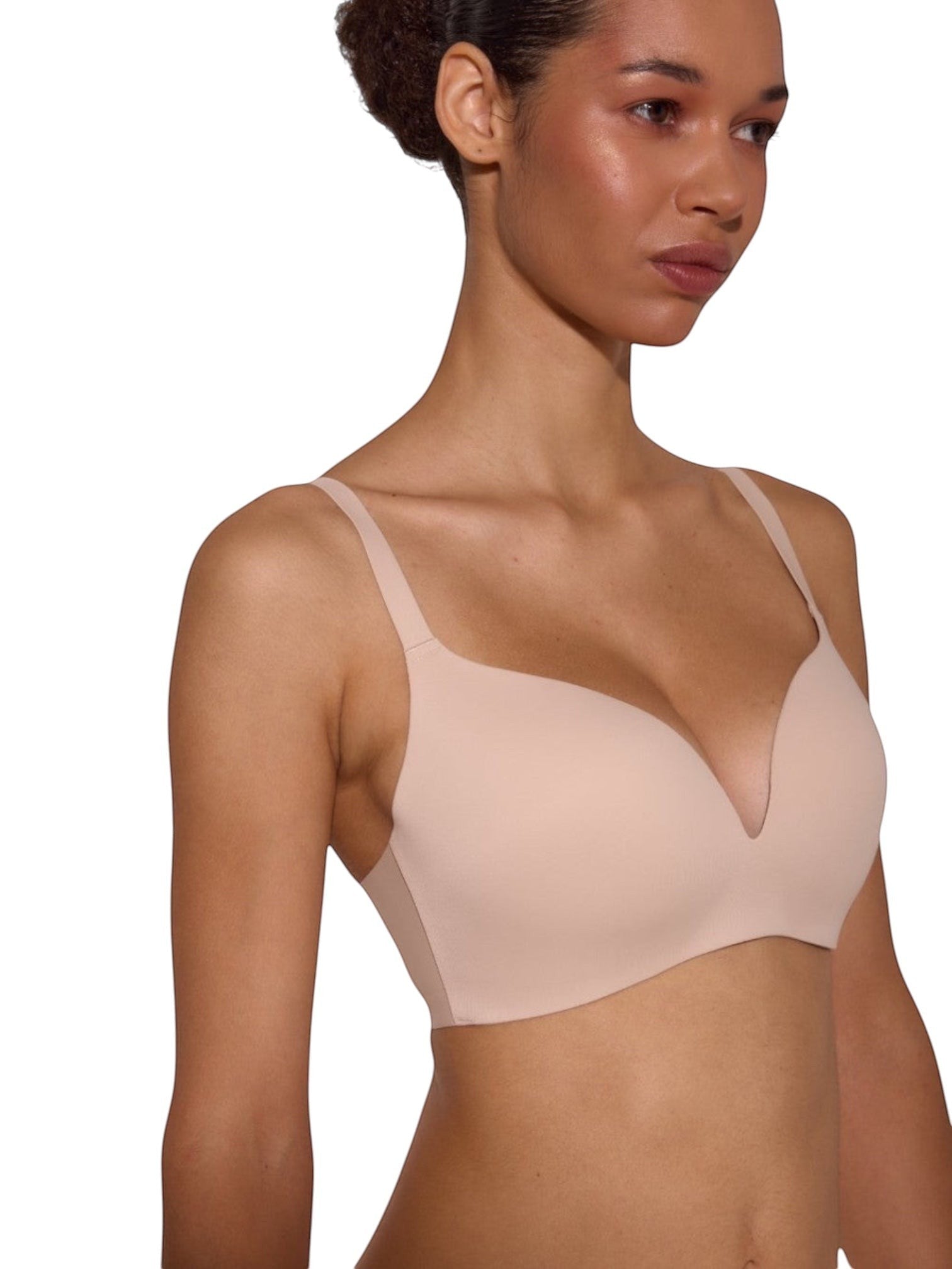 LIA STUDIO LINGERIE Marita beige seamless moulded bra with laser-cut edges on a model