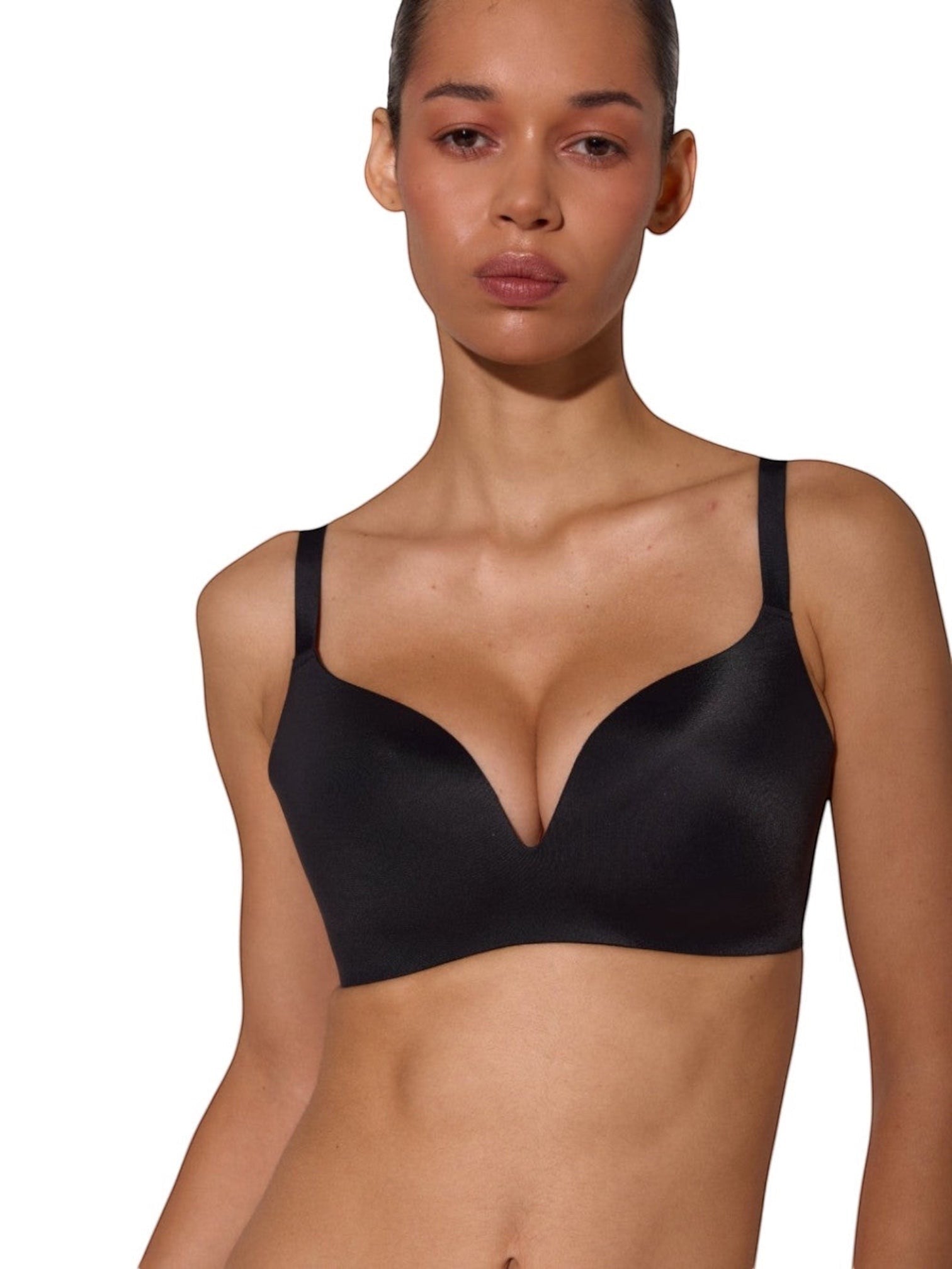 LIA STUDIO LINGERIE Marita black seamless moulded bra with laser-cut edges on a model