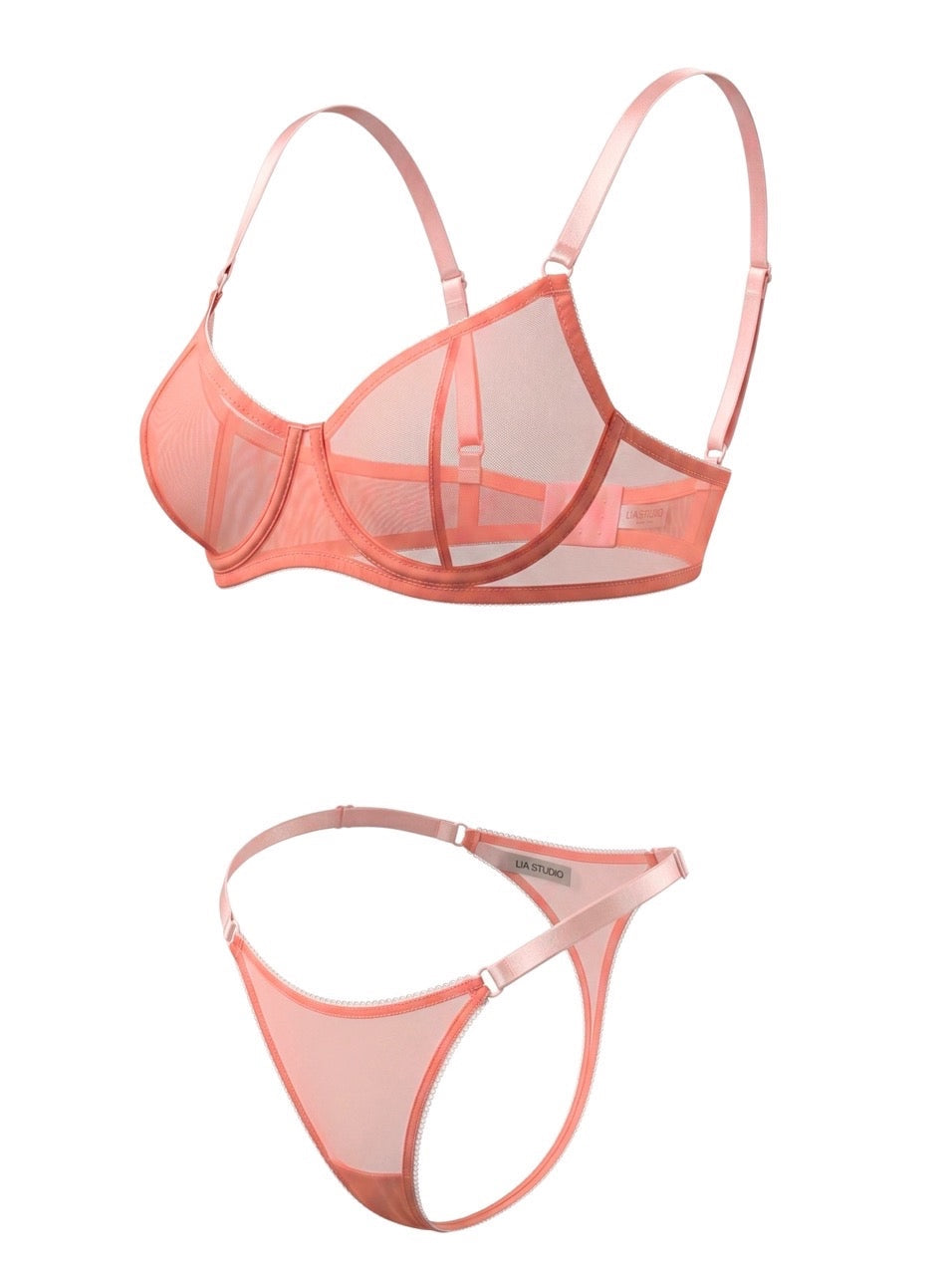 LIA STUDIO LINGERIE set: a peach-colored mesh bra and thong, made to order.
