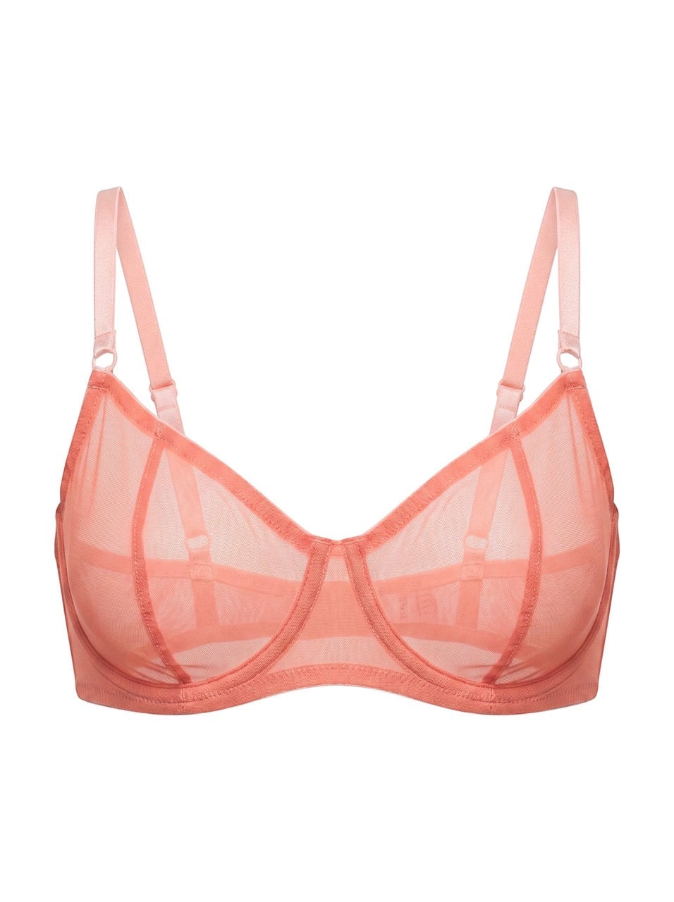 LIA STUDIO LINGERIE salmon-colored mesh bra with adjustable straps and decorative stripes.