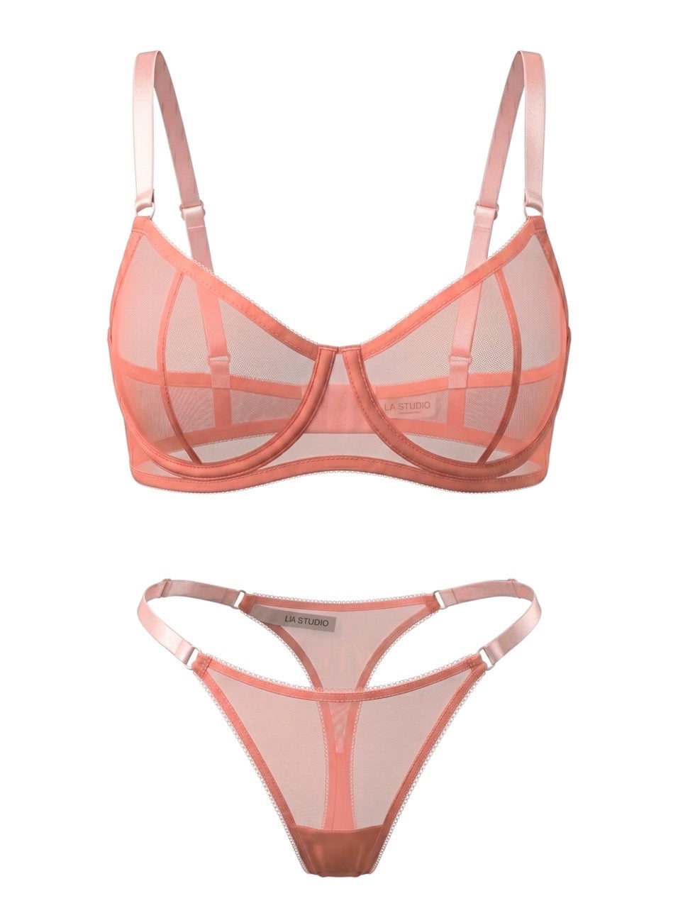 LIA STUDIO LINGERIE set: a semi-sheer mesh bra and peach-colored thong with adjustable straps.