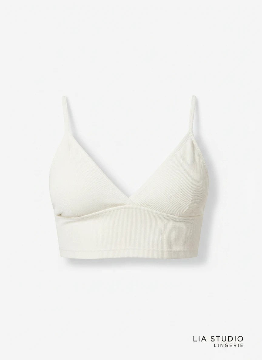 LIA STUDIO LINGERIE milk white ribbed cotton cropped top with triangular cups and adjustable shoulder straps.