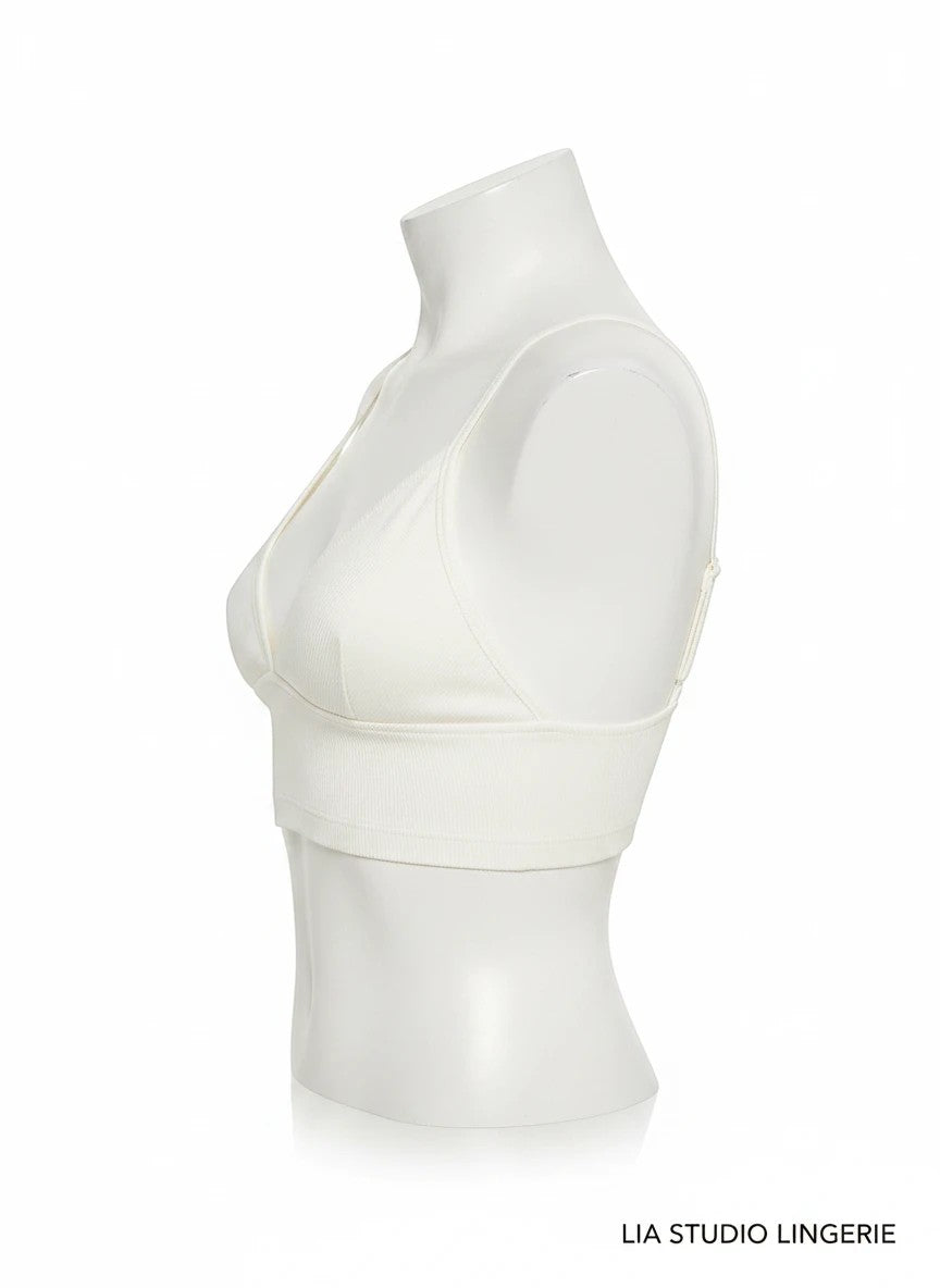 LIA STUDIO LINGERIE Velia milk white ribbed cotton cropped top with triangular cups and adjustable straps