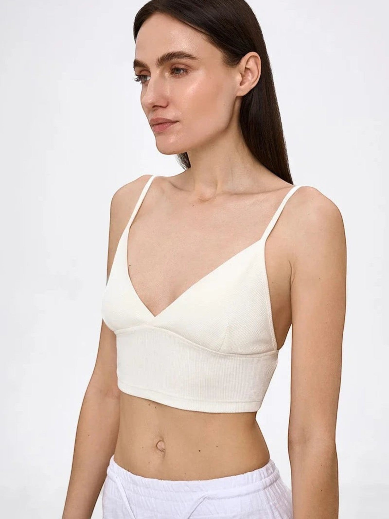 LIA STUDIO LINGERIE Velia milk white ribbed cotton cropped top with triangular cups and adjustable straps.