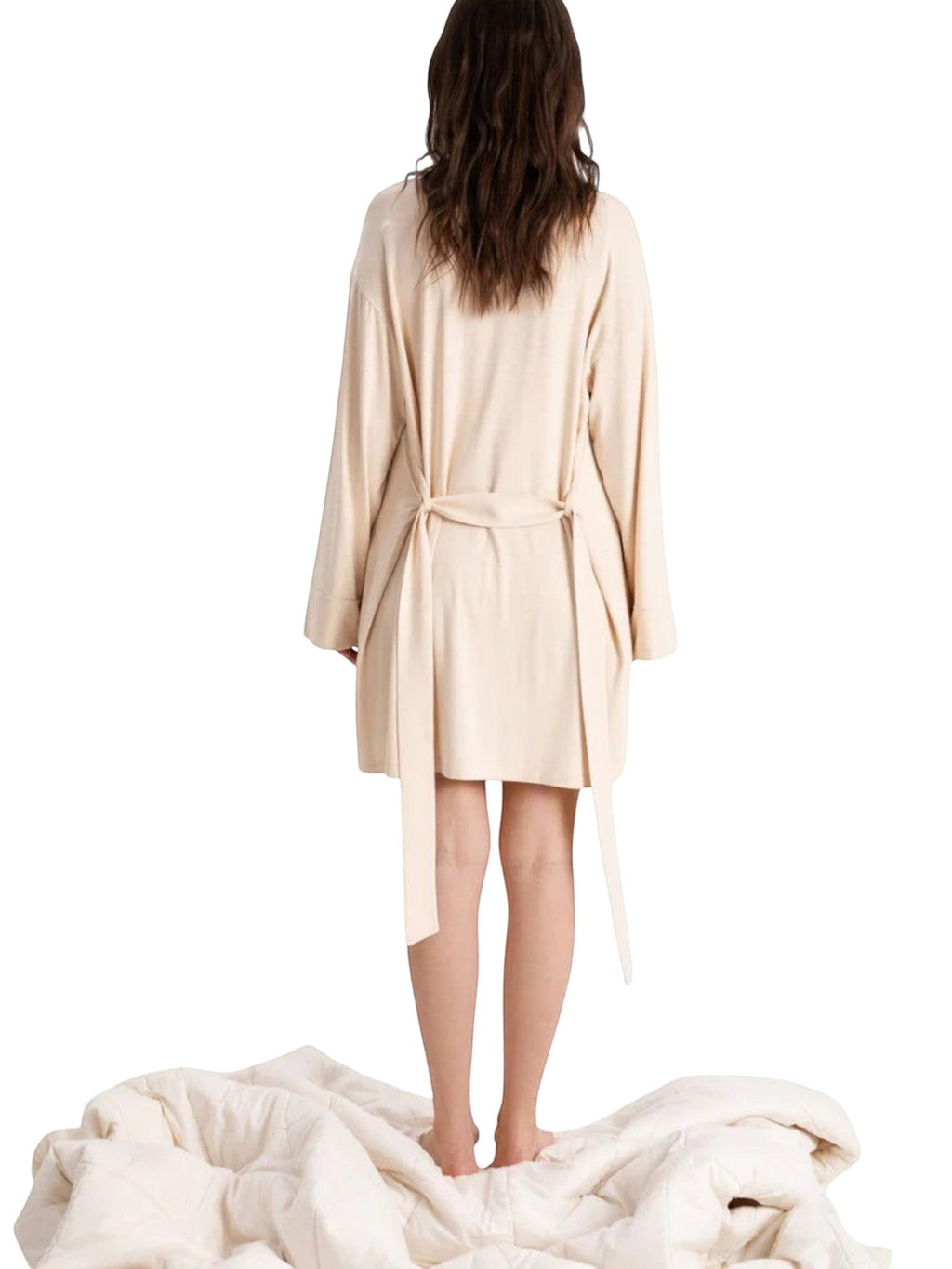 LIA STUDIO LINGERIE Kate robe in milk viscose, back view of a woman wearing a short belted lounge robe