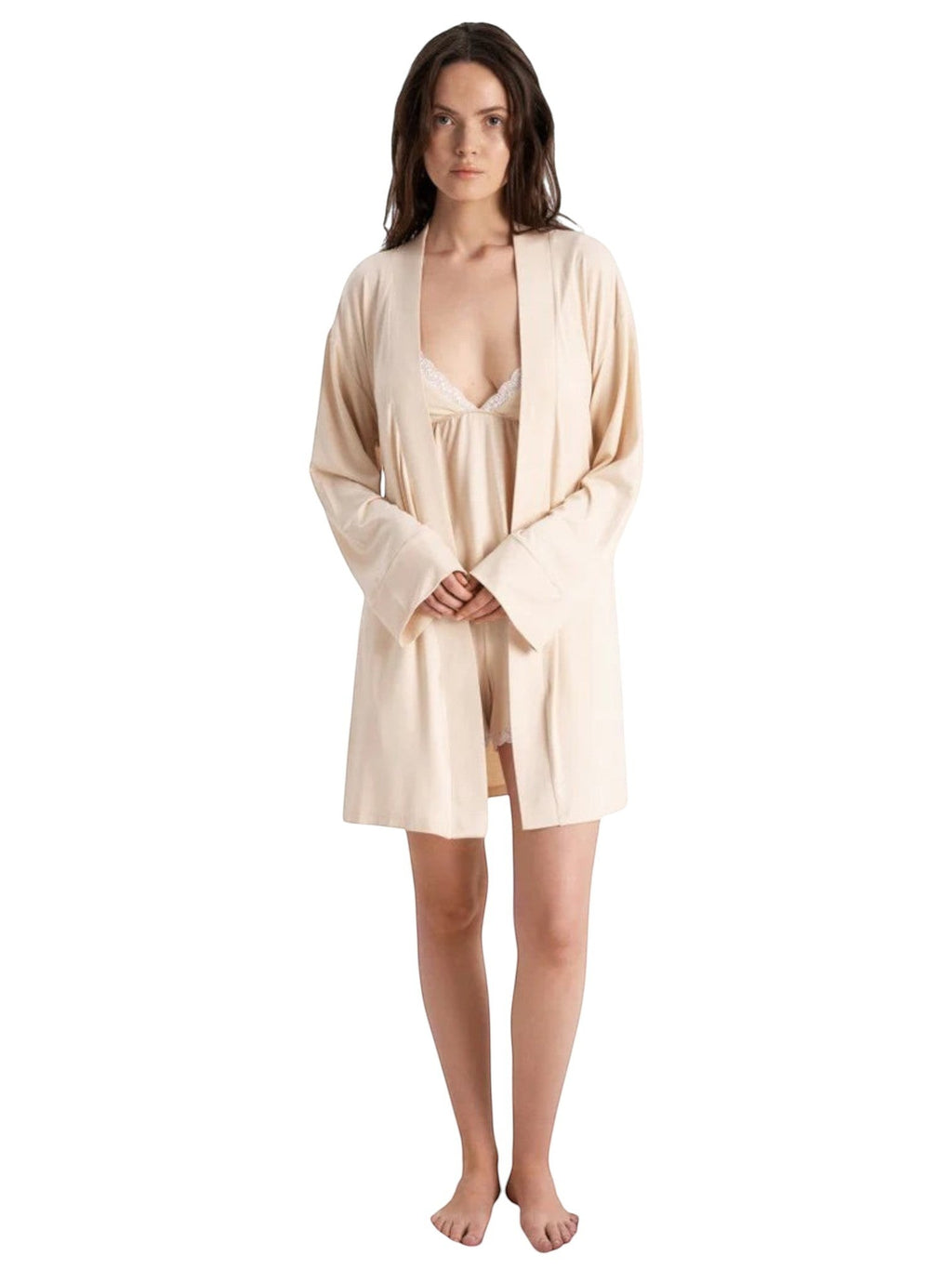 LIA STUDIO LINGERIE Kate robe in milk viscose worn by a woman over matching lace-trimmed pyjamas