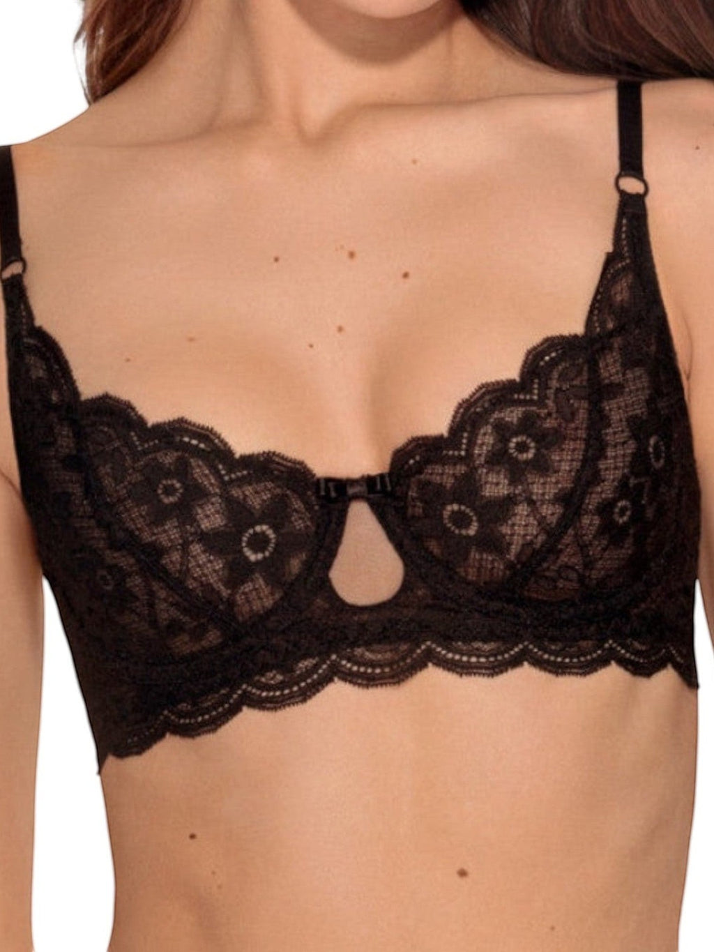 LIA STUDIO LINGERIE black POLA soft underwired bra with floral French lace, teardrop neckline, and minimalist bow.