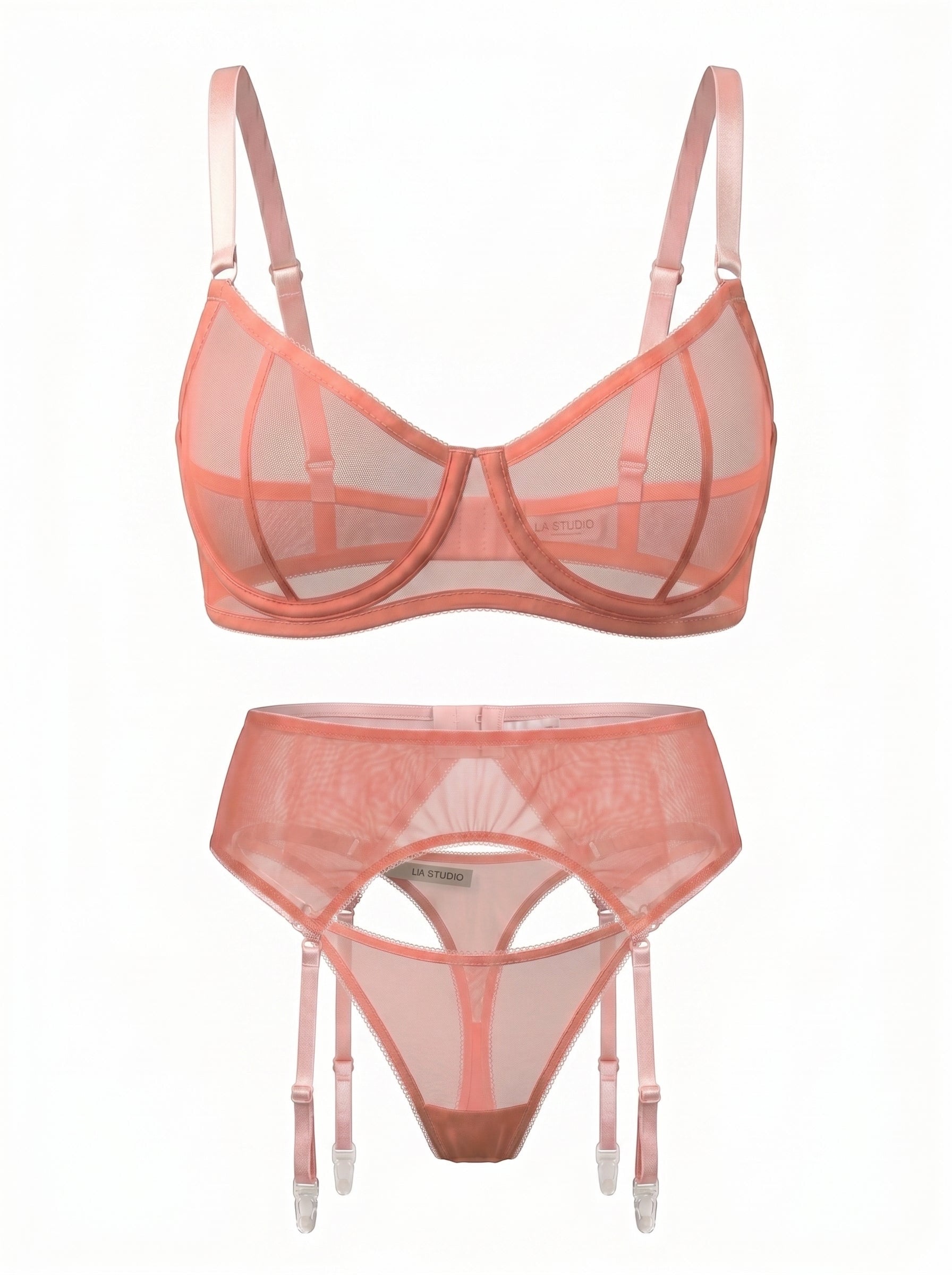 LIA STUDIO LINGERIE salmon mesh bra with adjustable straps and matching garter belt. Custom made.
