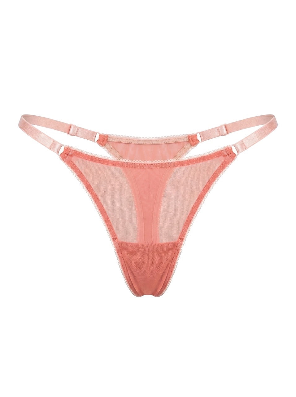 LIA STUDIO LINGERIE salmon-colored mesh thong with adjustable straps and lace trim.
