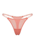 LIA STUDIO LINGERIE salmon-colored mesh thong with adjustable straps and lace trim.