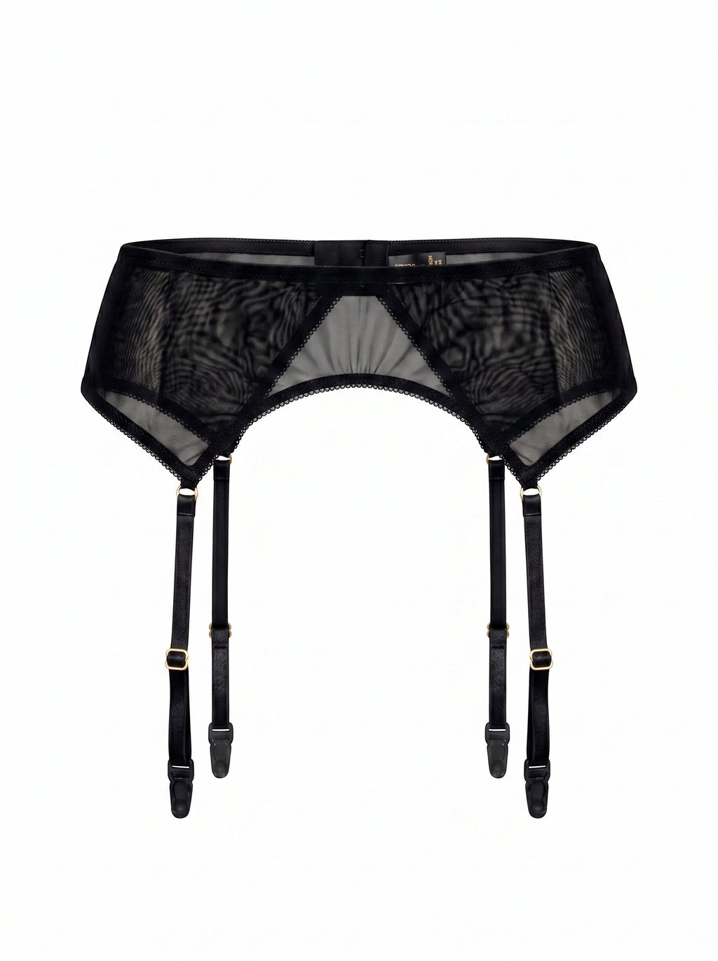 LIA STUDIO LINGERIE Serena black sheer mesh garter belt with adjustable straps and gold-tone hardware details.