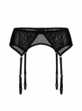 LIA STUDIO LINGERIE Serena black sheer mesh garter belt with adjustable straps and gold-tone hardware details.