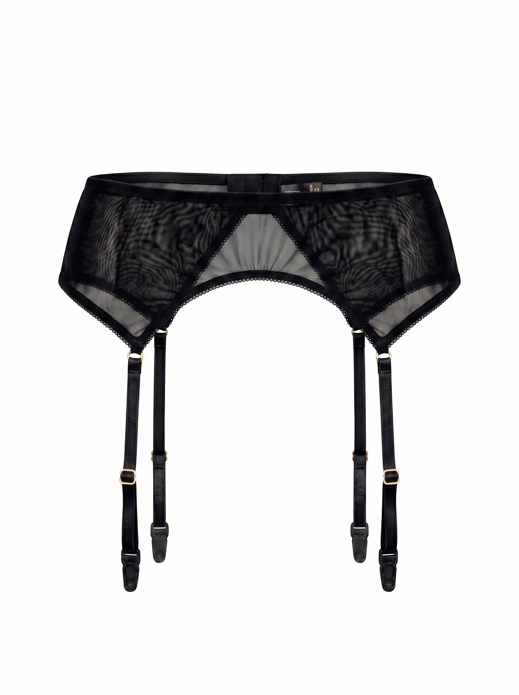 LIA STUDIO LINGERIE Serena black sheer mesh garter belt with adjustable straps and gold-tone hardware details.