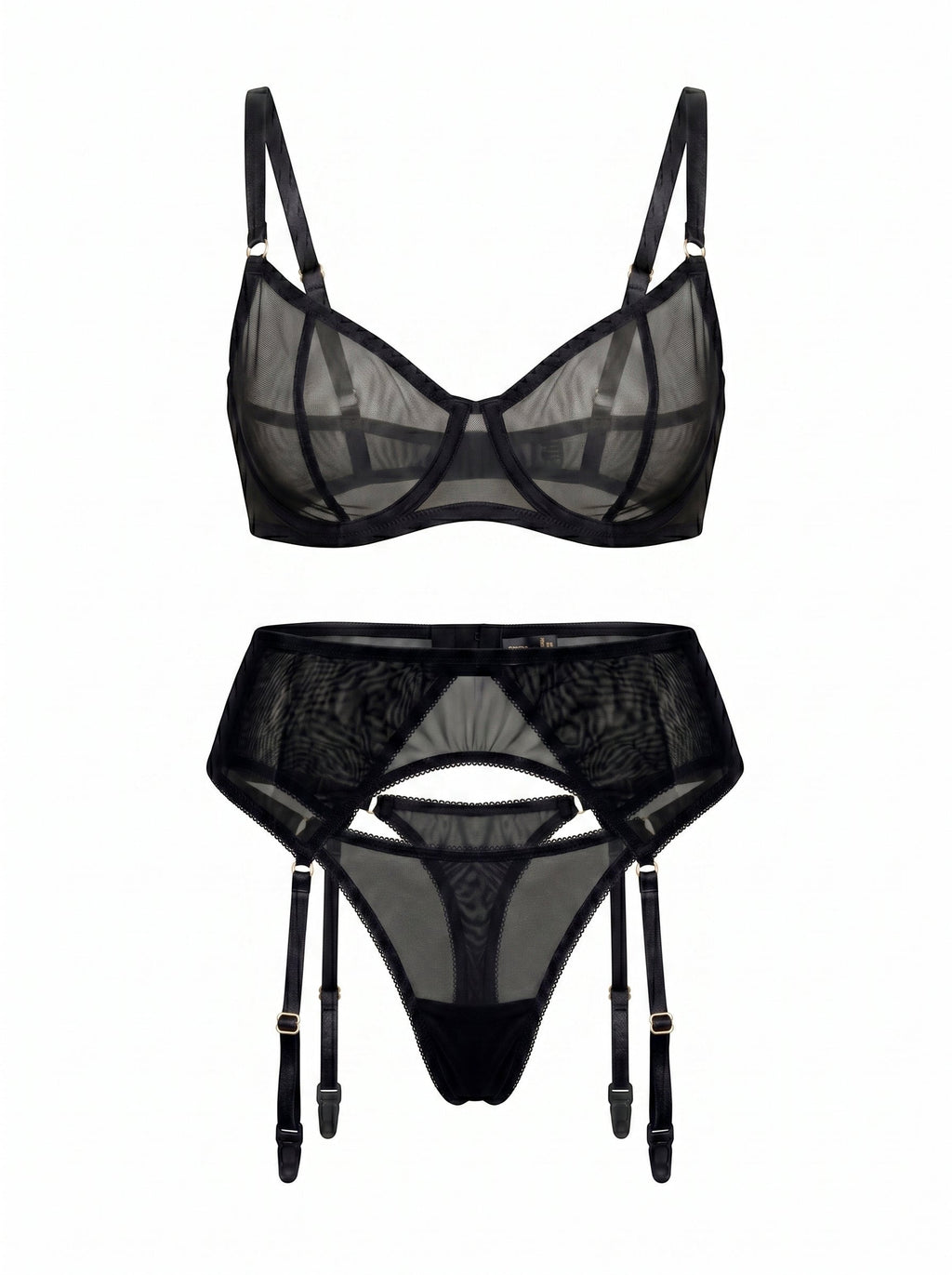 LIA STUDIO LINGERIE Serena black sheer mesh garter belt and matching bra set with adjustable straps.