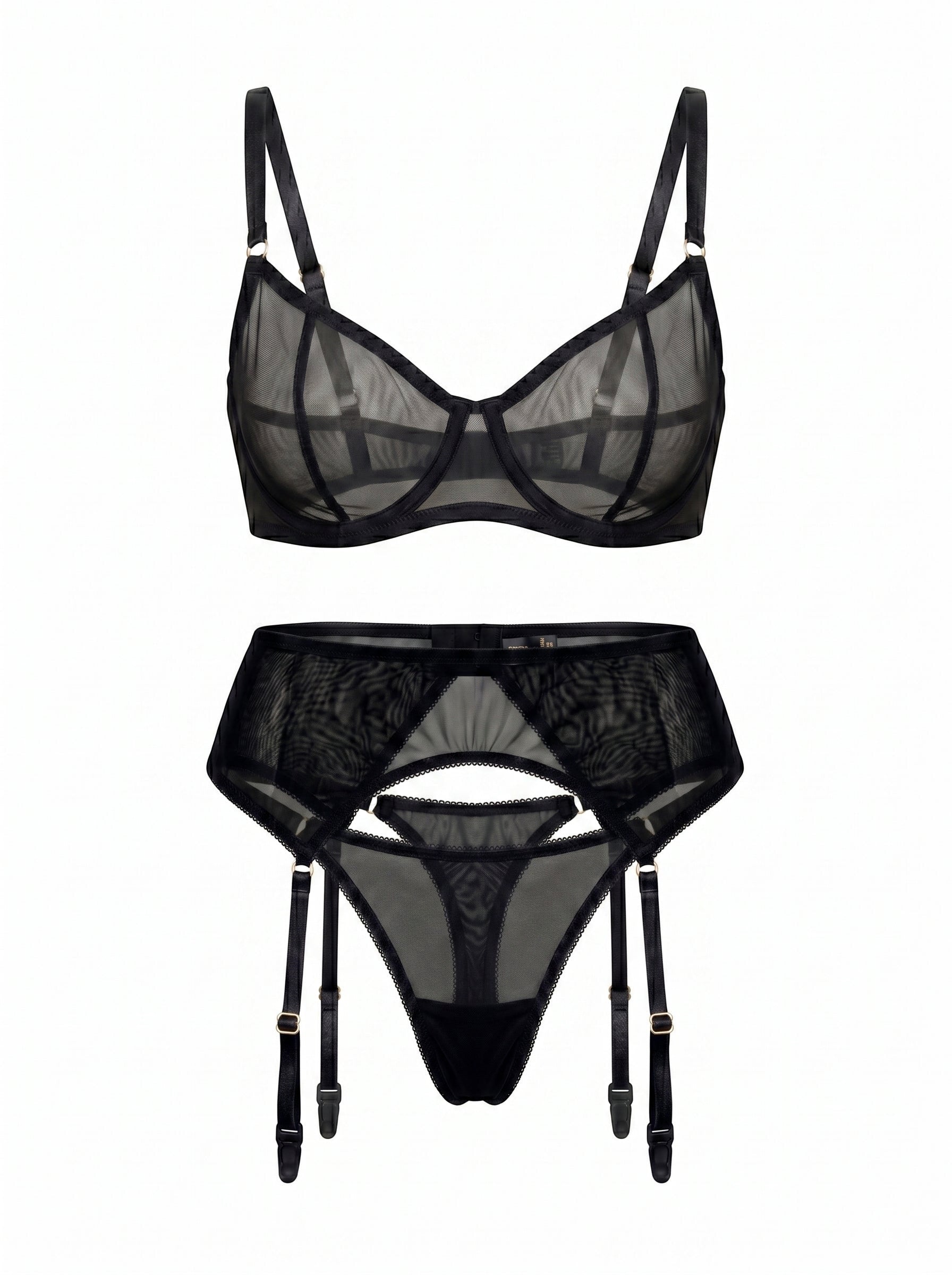 LIA STUDIO LINGERIE Serena black sheer mesh garter belt and matching bra set with adjustable straps.