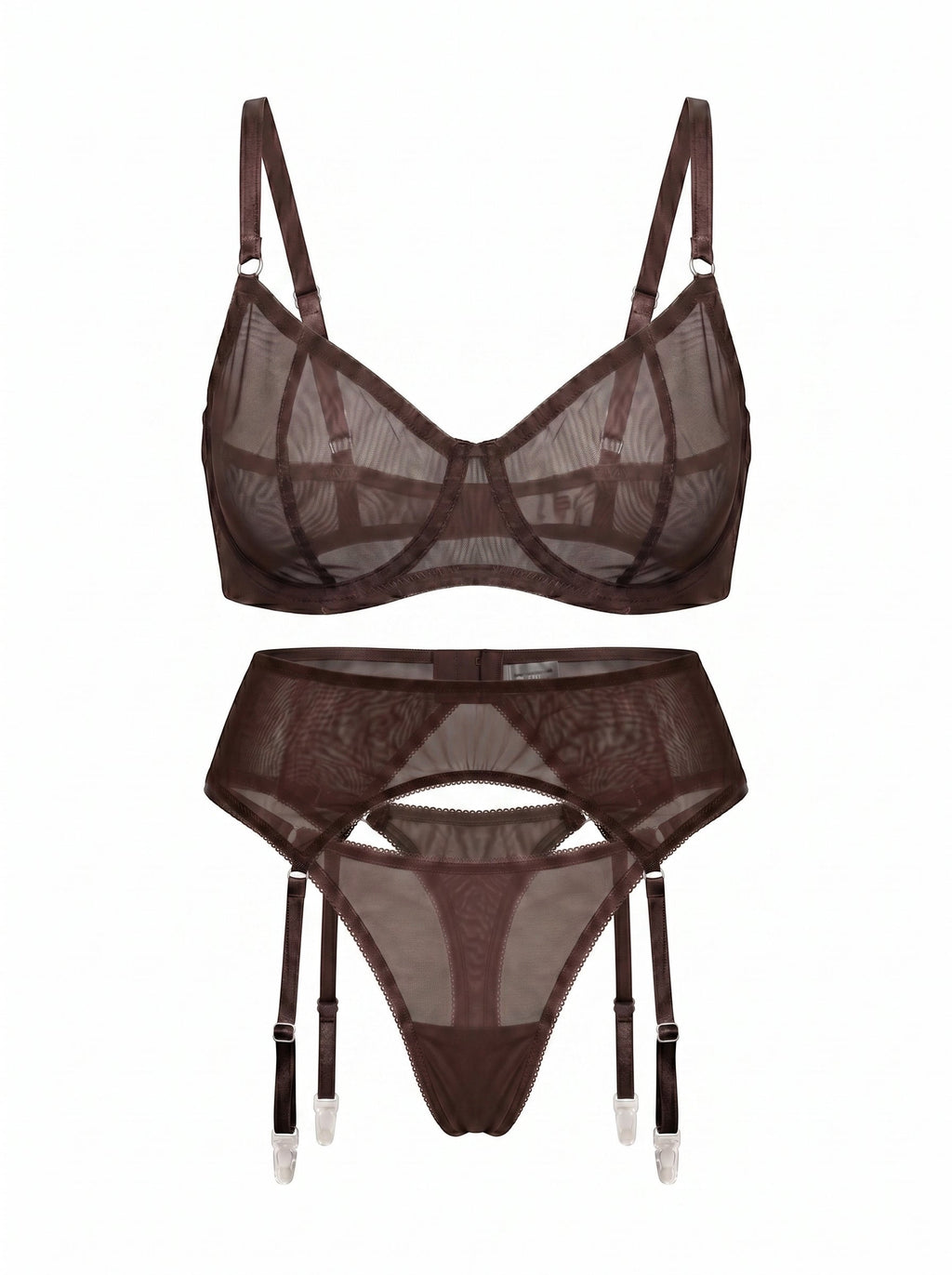 LIA STUDIO LINGERIE Serena dark brown sheer mesh garter belt with adjustable straps and matching lingerie set.