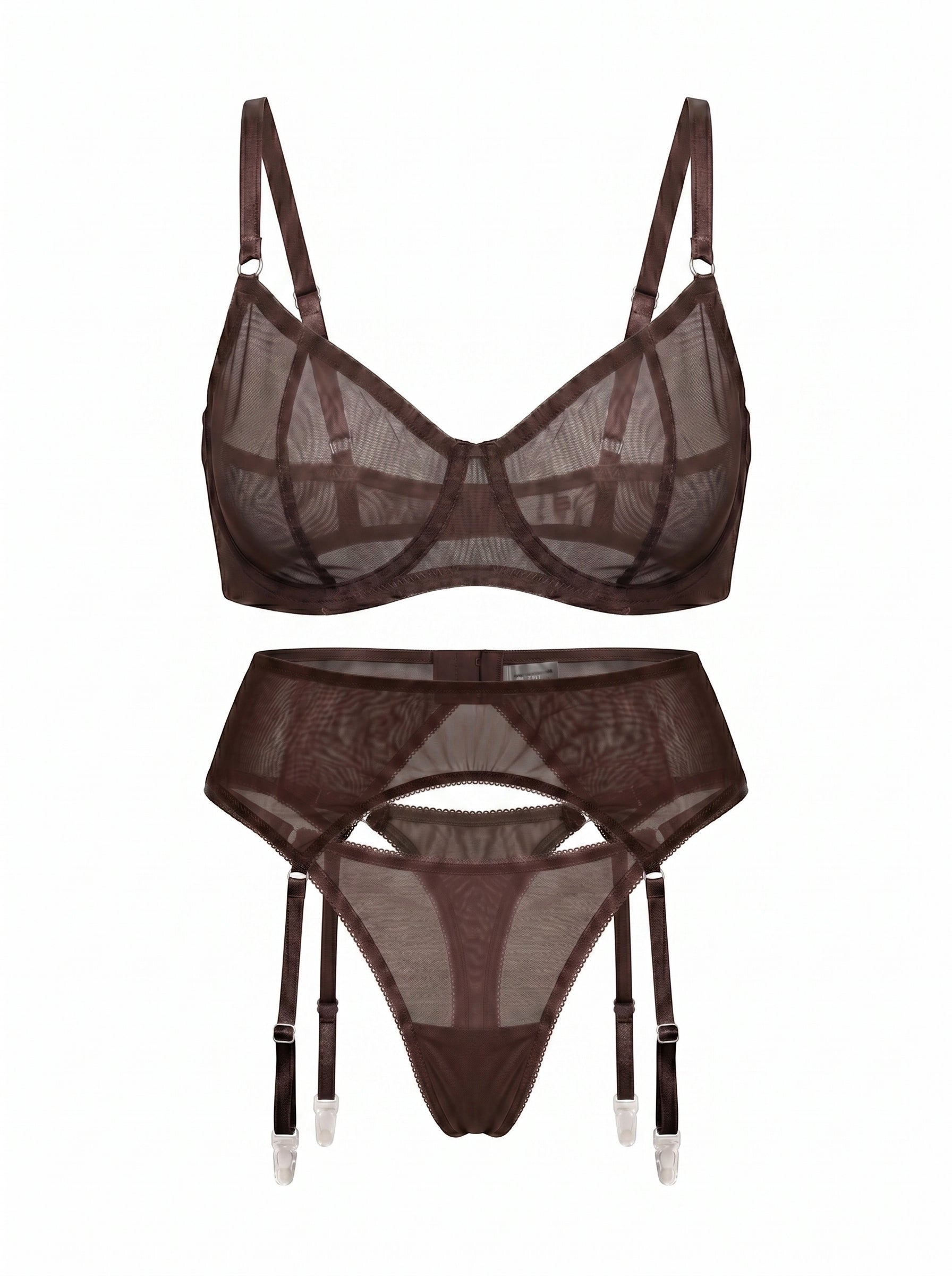 LIA STUDIO LINGERIE Serena dark brown sheer mesh garter belt with adjustable straps and matching lingerie set.