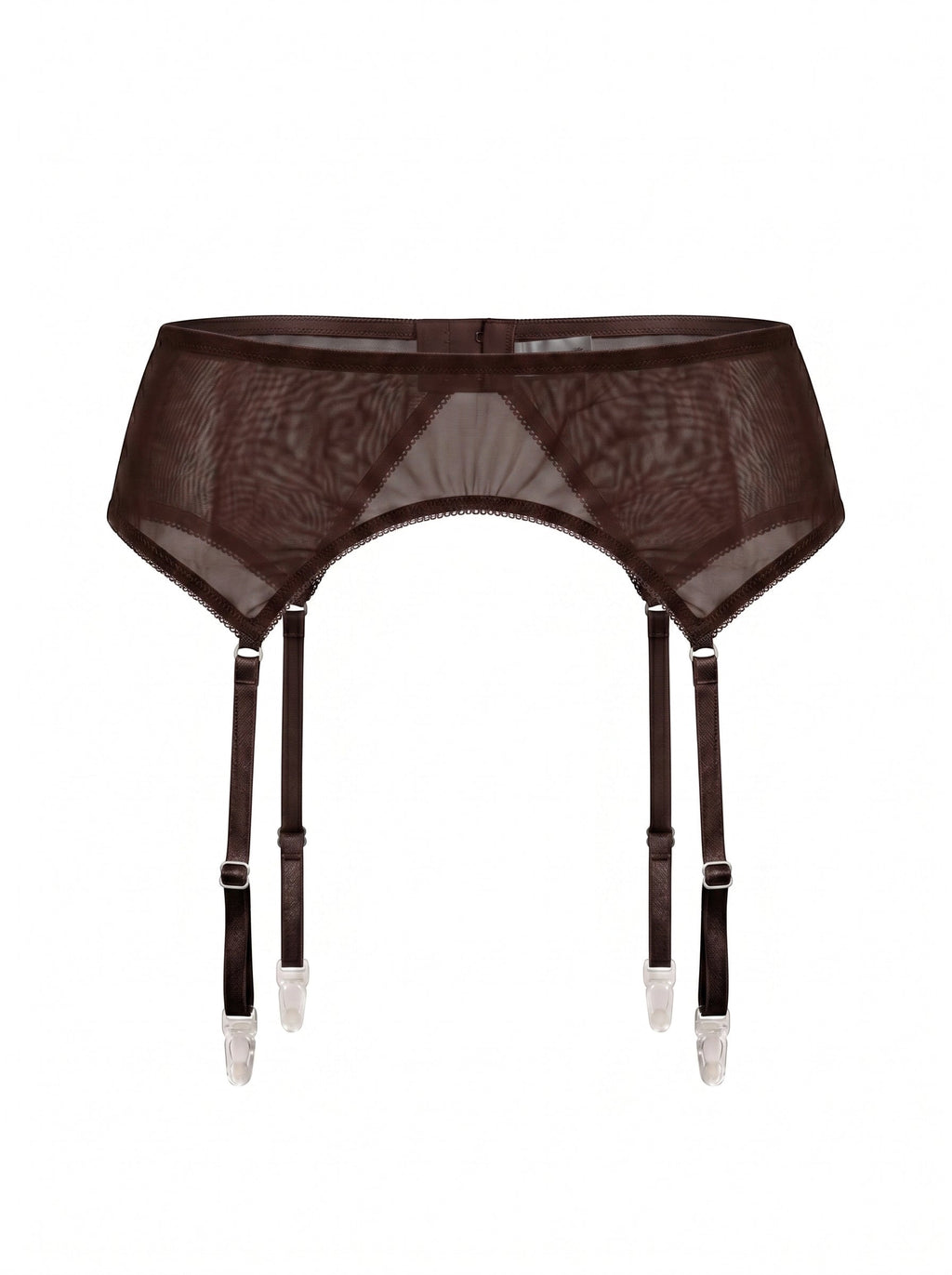 LIA STUDIO LINGERIE Serena dark brown sheer mesh garter belt with adjustable straps and delicate trim.