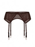 LIA STUDIO LINGERIE Serena dark brown sheer mesh garter belt with adjustable straps and delicate trim.