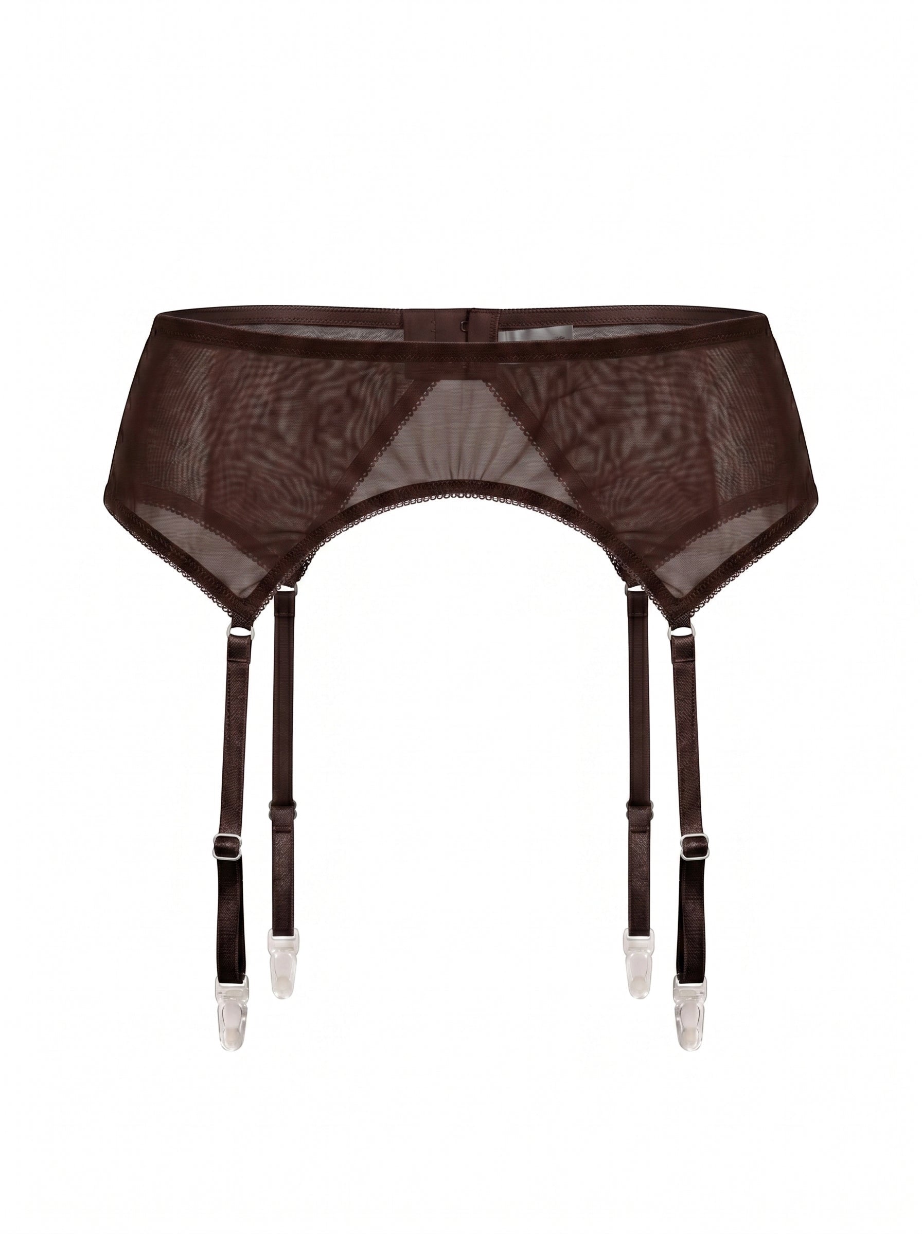 LIA STUDIO LINGERIE Serena dark brown sheer mesh garter belt with adjustable straps and delicate trim.
