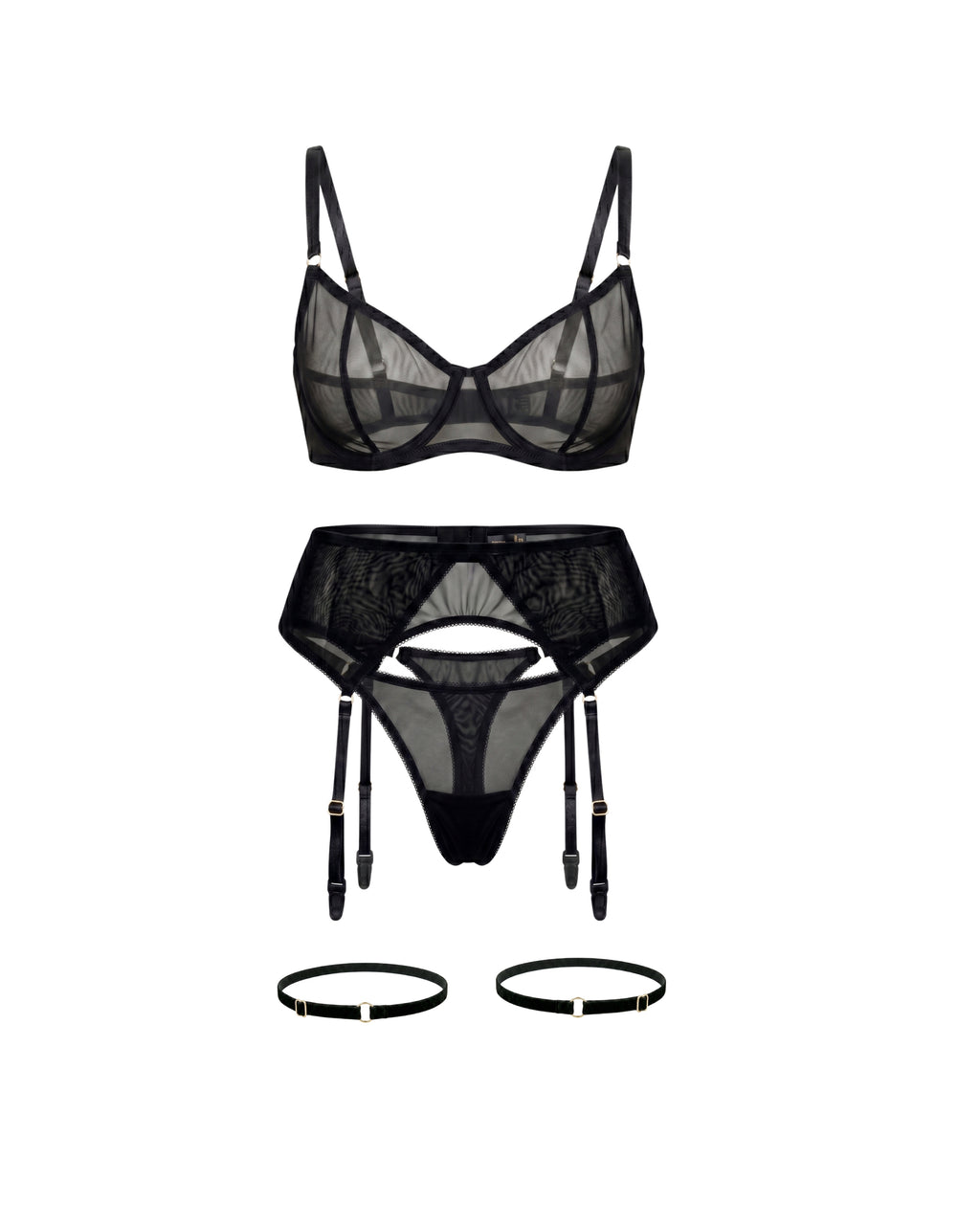 LIA STUDIO LINGERIE Serena black sheer mesh garter belt set with matching bra, thong, and adjustable straps.