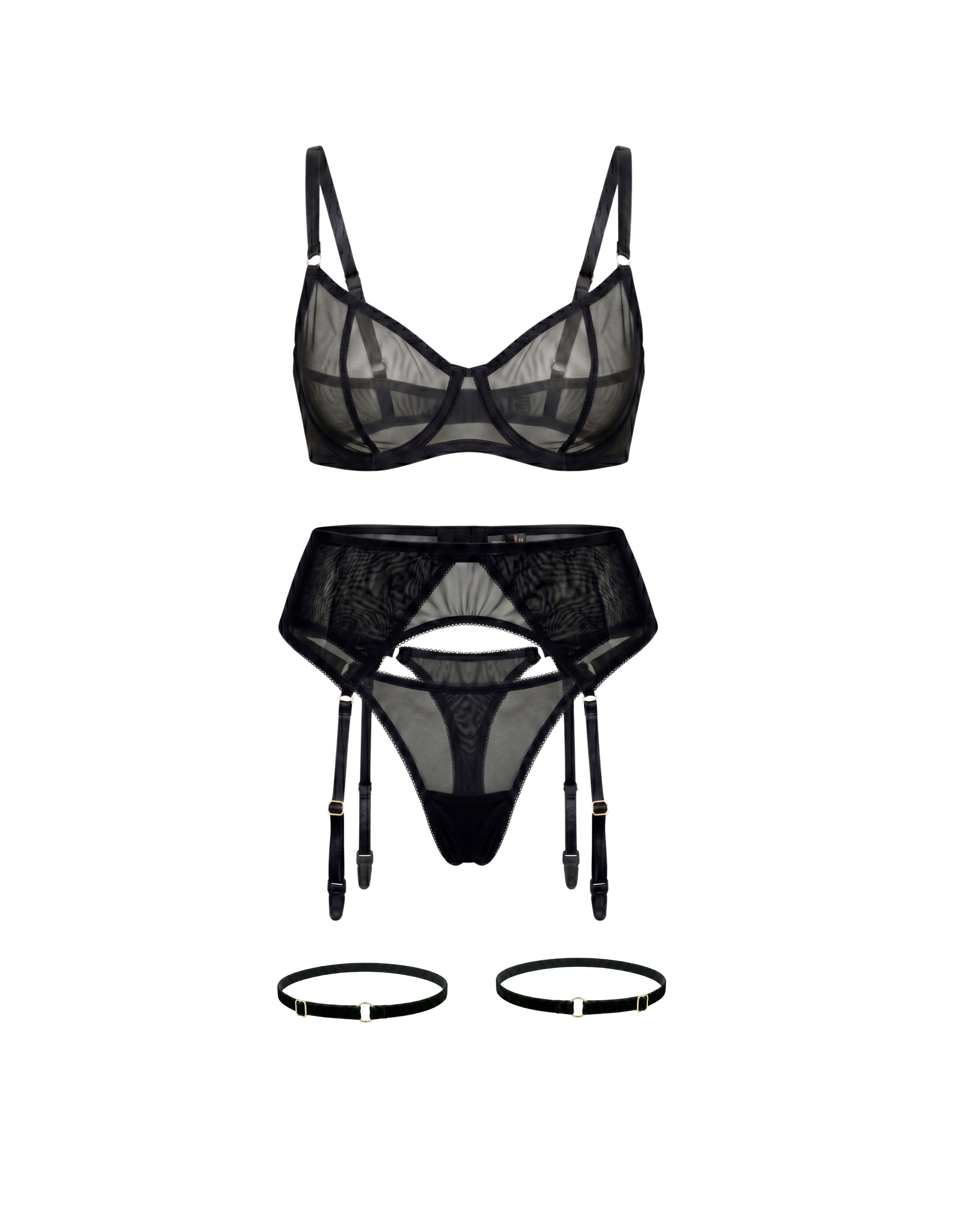 LIA STUDIO LINGERIE Serena black sheer mesh garter belt set with matching bra, thong, and adjustable straps.