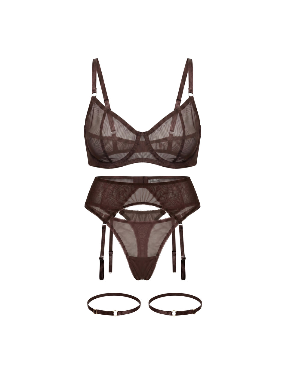LIA STUDIO LINGERIE Serena dark brown sheer mesh garter belt set with matching bra, thong, and thigh garters.