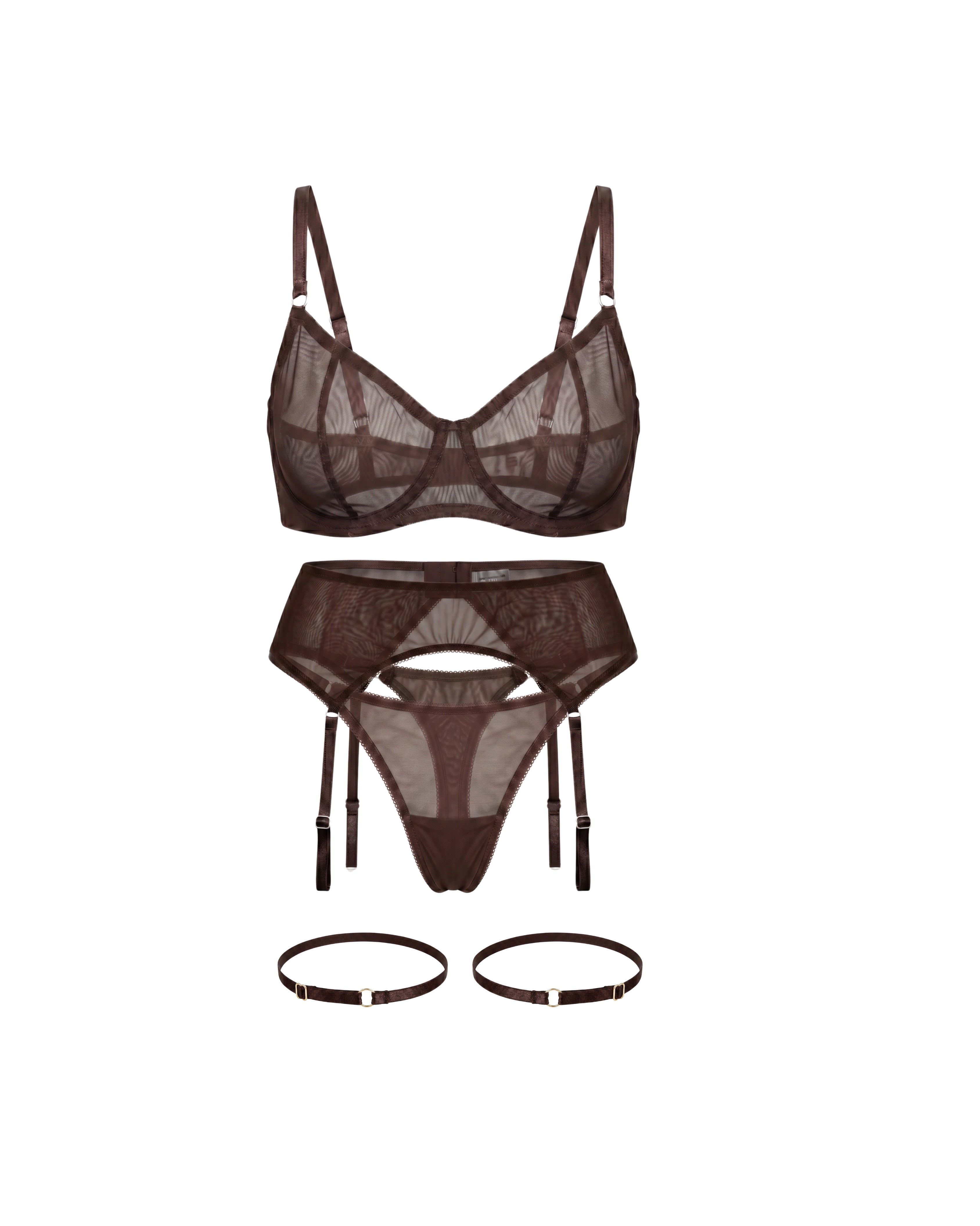 LIA STUDIO LINGERIE Serena dark brown sheer mesh garter belt set with matching bra, thong, and thigh garters.