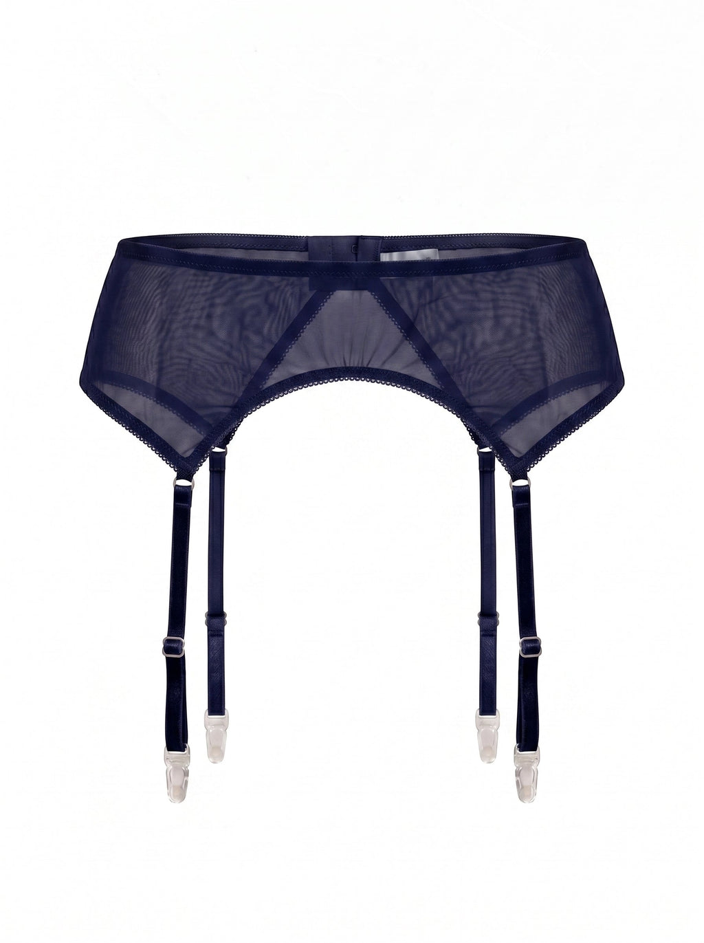 LIA STUDIO LINGERIE Serena navy sheer mesh garter belt with adjustable straps and delicate trim.