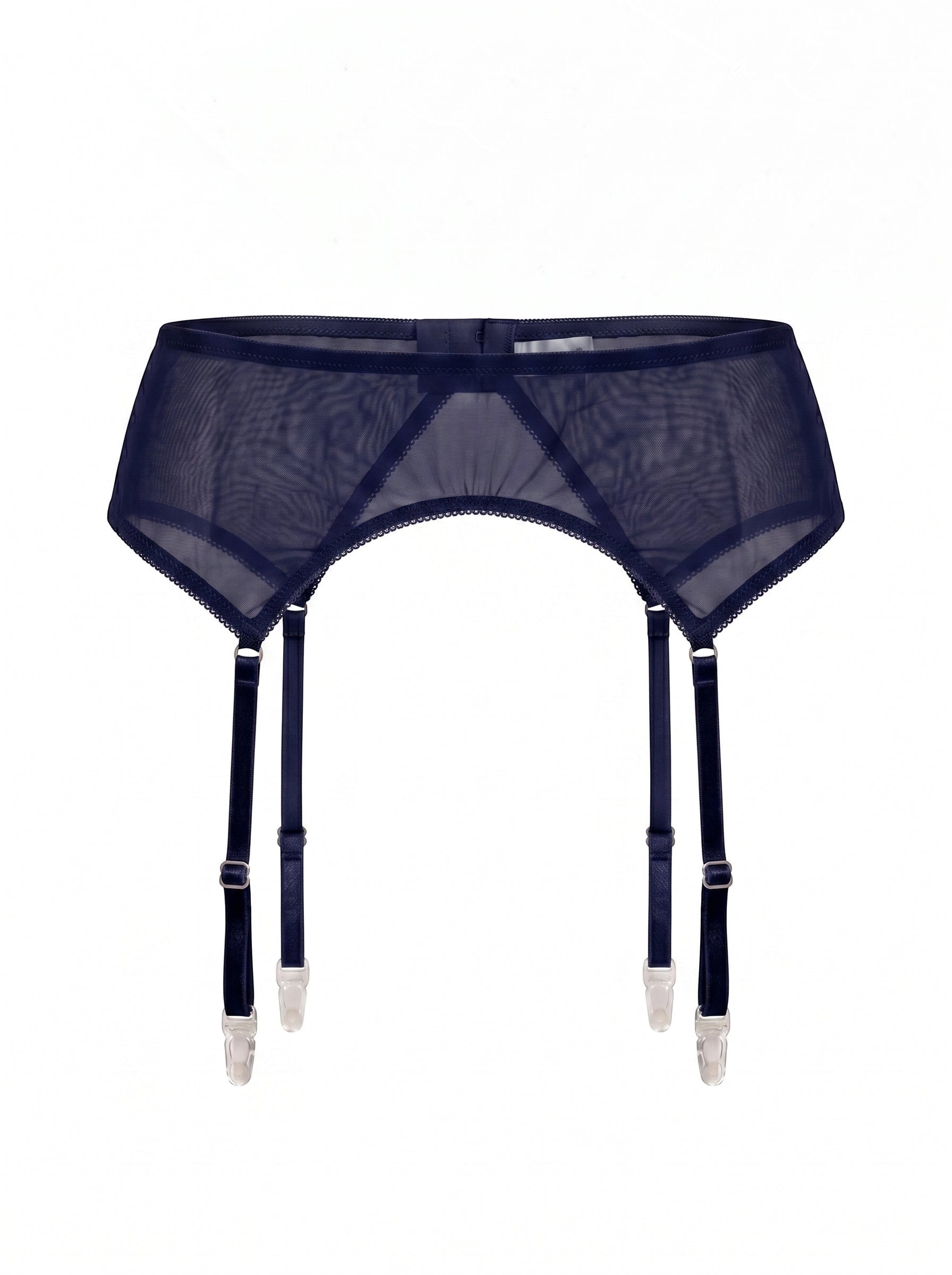 LIA STUDIO LINGERIE Serena navy sheer mesh garter belt with adjustable straps and delicate trim.