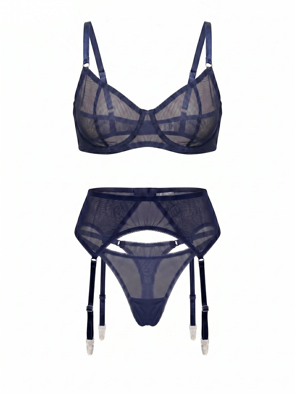 LIA STUDIO LINGERIE Serena navy sheer mesh garter belt set with matching bra and thong featuring adjustable straps.