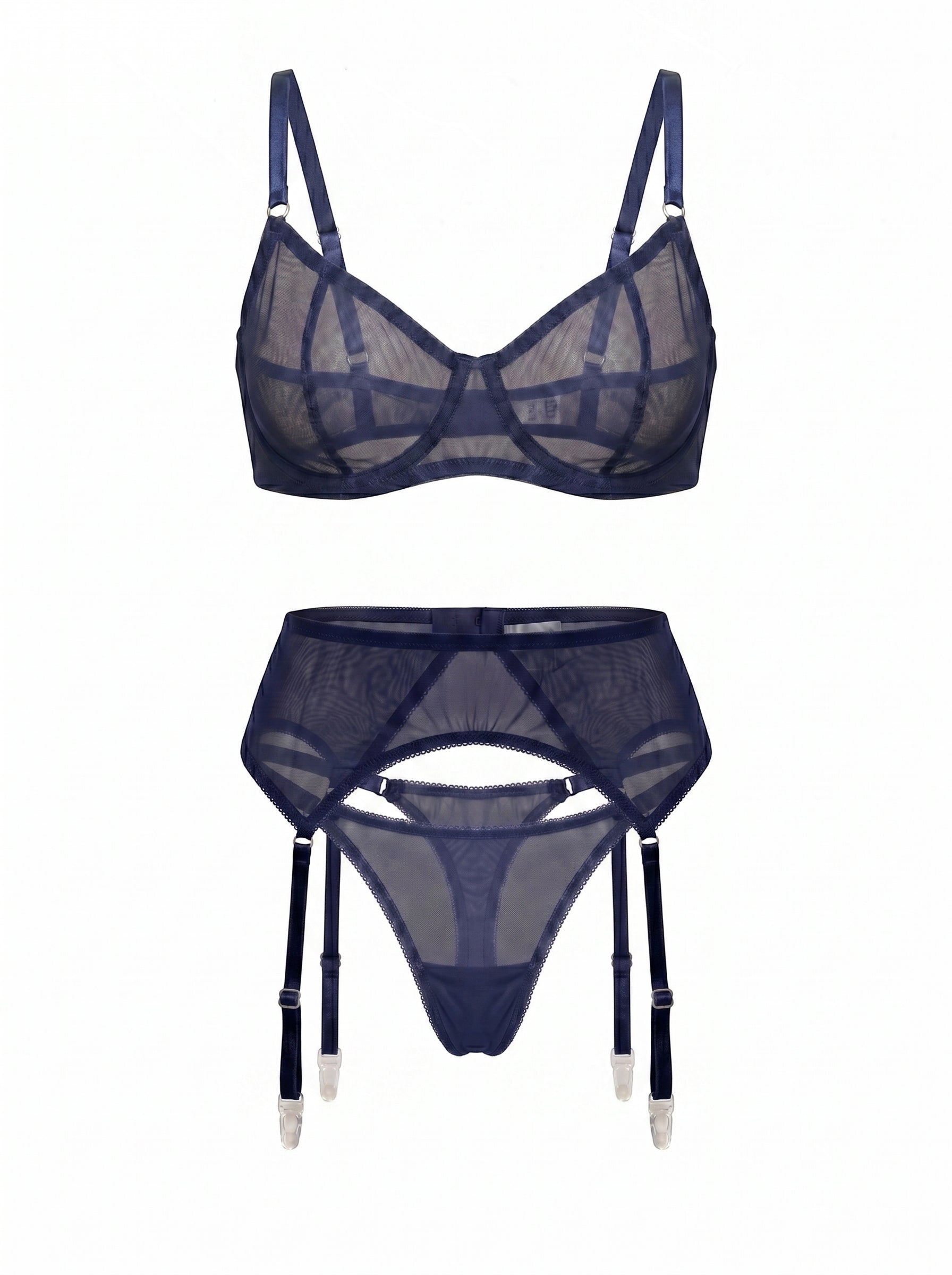 LIA STUDIO LINGERIE Serena navy sheer mesh garter belt set with matching bra and thong featuring adjustable straps.