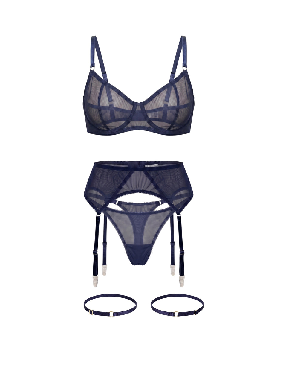 LIA STUDIO LINGERIE Serena navy sheer mesh garter belt set with matching bra, thong, and thigh garters.