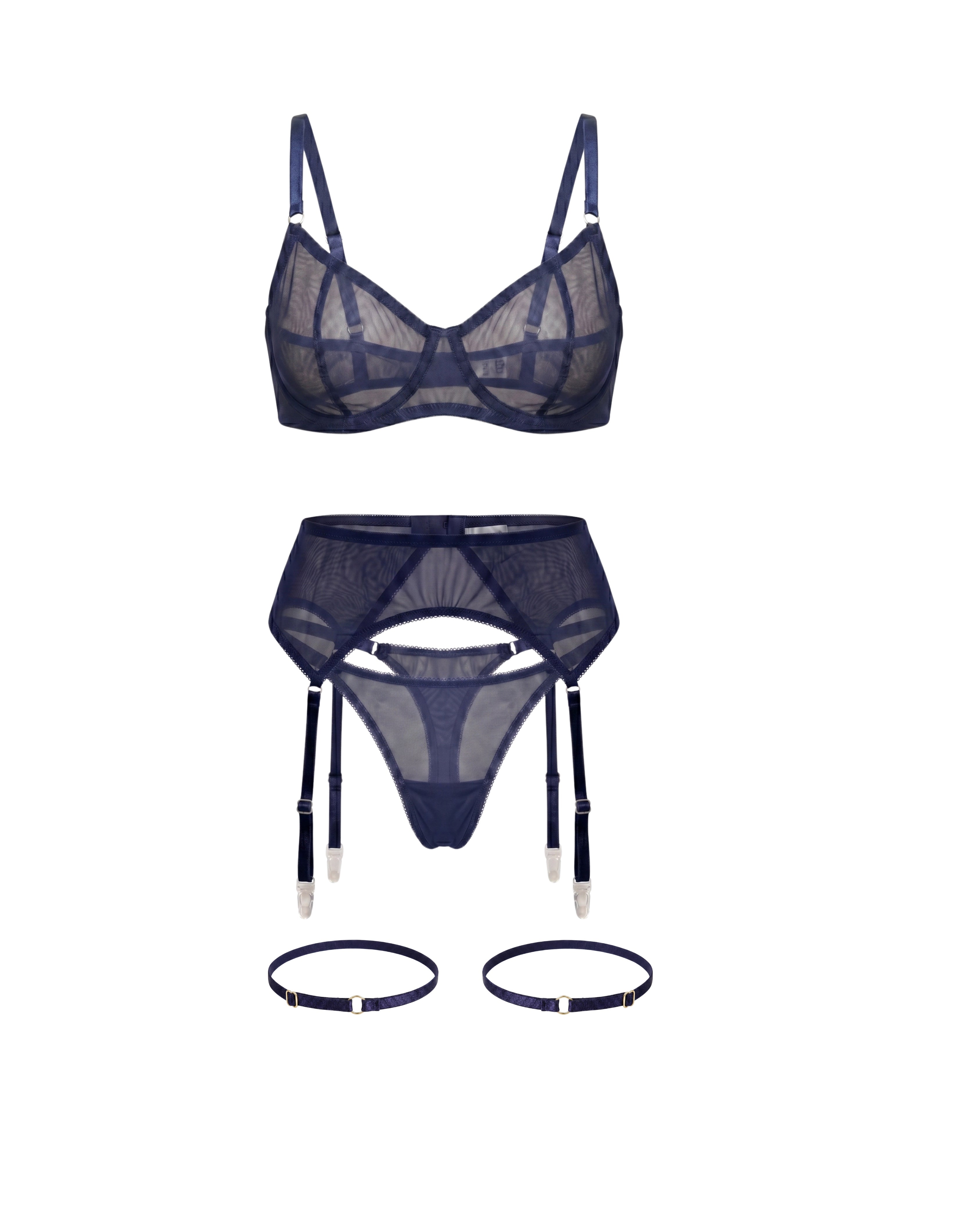 LIA STUDIO LINGERIE Serena navy sheer mesh garter belt set with matching bra, thong, and thigh garters.