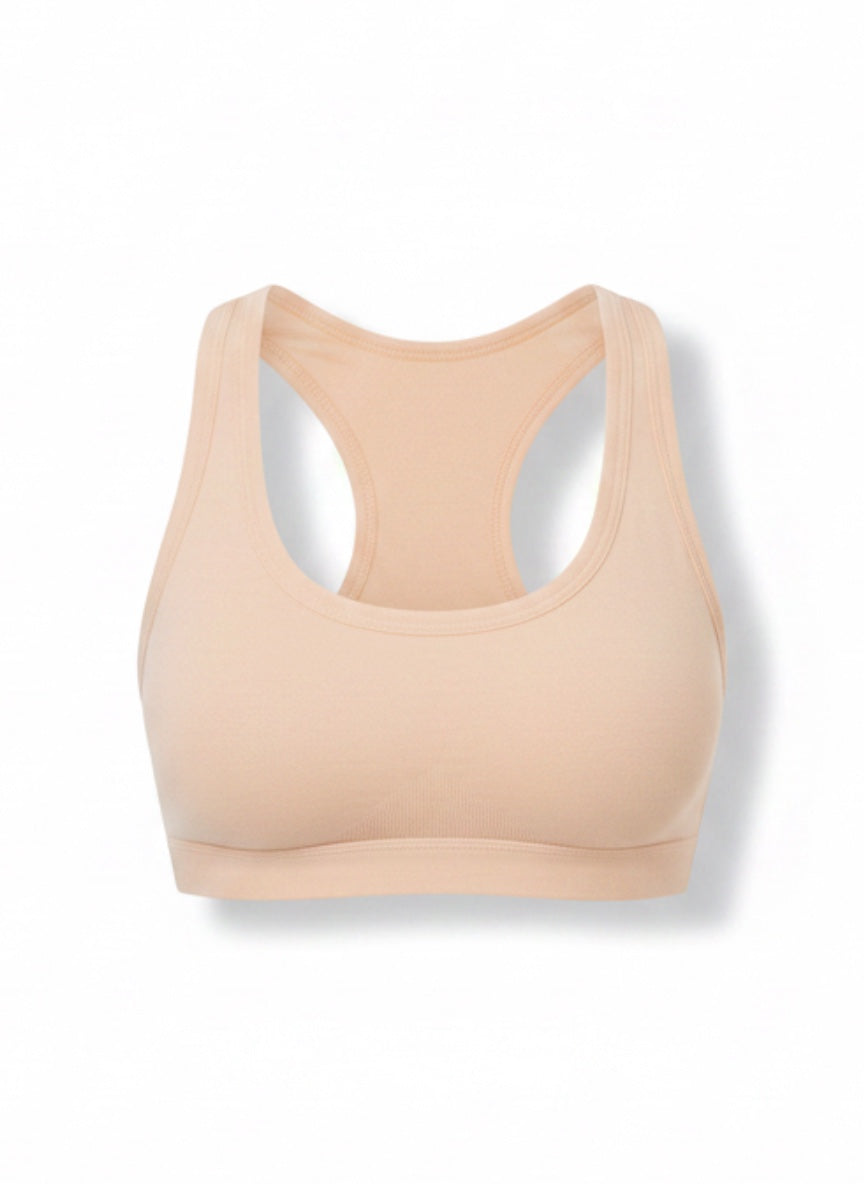 LIA STUDIO LINGERIE Sherly: a beige cotton and spandex sports bra with wide straps and no underwire.