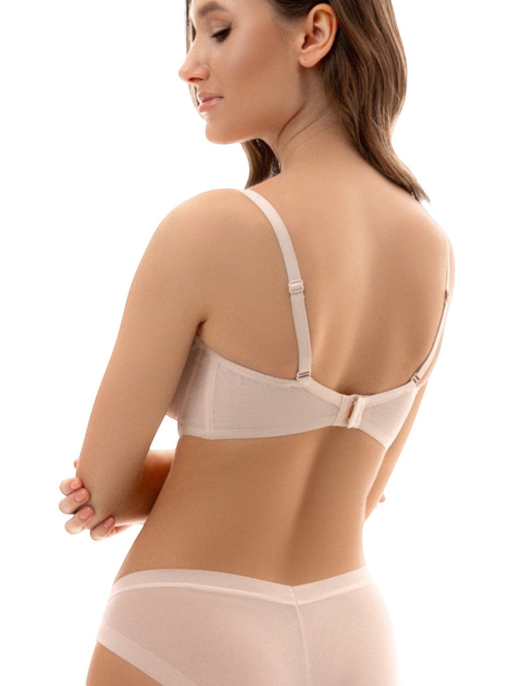 Model wearing LIA STUDIO LINGERIE SOFI ecru soft mesh underwire bra with adjustable straps on a white background.