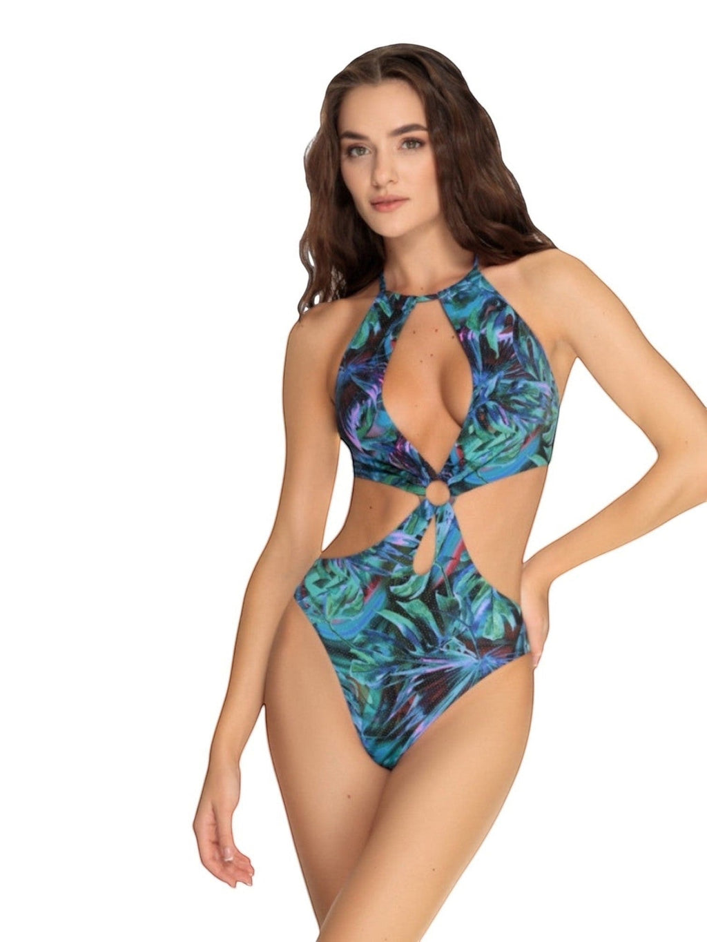 LIA STUDIO LINGERIE Vanessa one-piece swimsuit in blue with tropical print, cut-outs and iridescent embellishment.
