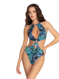 LIA STUDIO LINGERIE Vanessa one-piece swimsuit in blue with tropical print, cut-outs and iridescent embellishment.