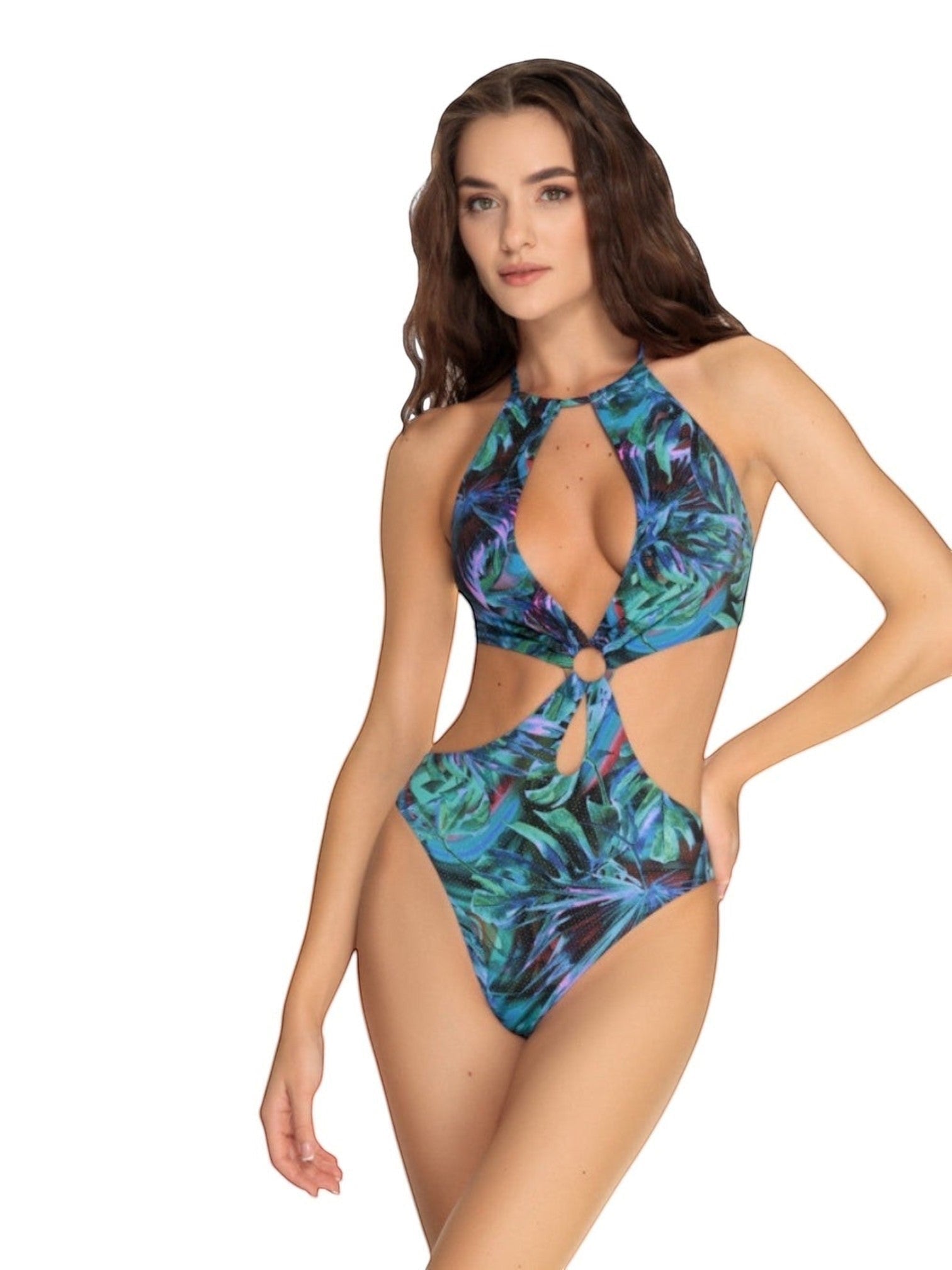 LIA STUDIO LINGERIE Vanessa one-piece swimsuit in blue with tropical print, cut-outs and iridescent embellishment.